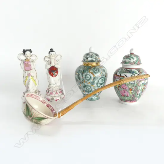 5 CHINESE ITEMS, 2 GINGER JARS, H.170mm, 2 FIGURINES H.160mm & CANE HANDLED LADLE