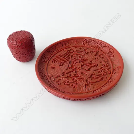2 PCES CINNABAR; PLATE 200mm dia (RESIN) & LIDDED CONTAINER (GENUINE) H.70mm