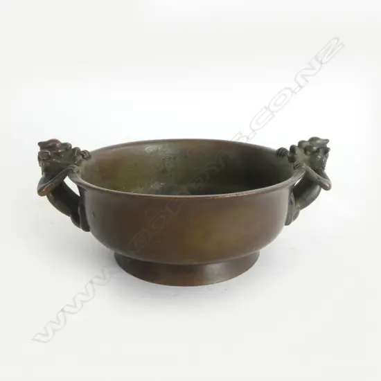 CHINESE BRONZE BOWL w. DRAGON HANDLES 85mm dia