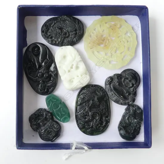 9 ORIENTAL JADE-LIKE PENDANT CARVINGS