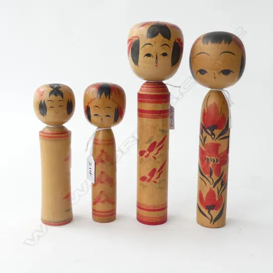 COLLECTION 4 1940s VINTAGE KOKESHI DOLLS, all signed
