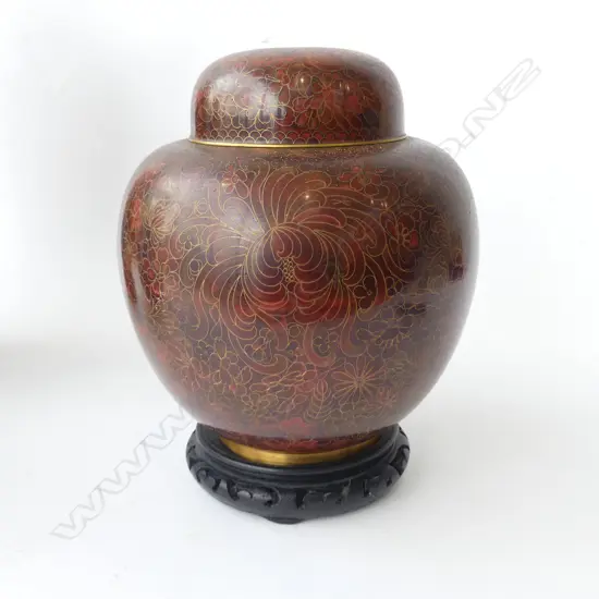 BROWN CLOISONNE LIDDED VASE ON STAND H.290mm