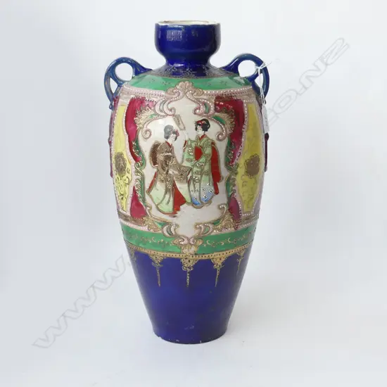 LARGE VINTAGE 2 HANDLED BRIGHT COLOURED SATSUMA VASE H410MM