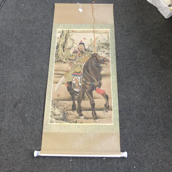 CHINESE HAND PAINTED SCROLL 'GUAN YU' w B/W PORCELAIN WEIGHTED ENDS