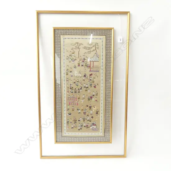 FRAMED ORIENTAL EMBROIDERY; CHILDREN PLAYING 830x505mm overall