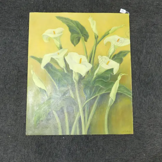 MADGE DOHERTY 'LILIES' OIL ON BOARD 710x600mm