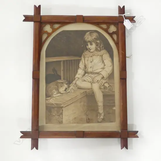 VICTORIAN PENCIL DRAWING 'BOY w RABBIT' IN HANDMADE WOODEN FRAME H.320 x 230mm