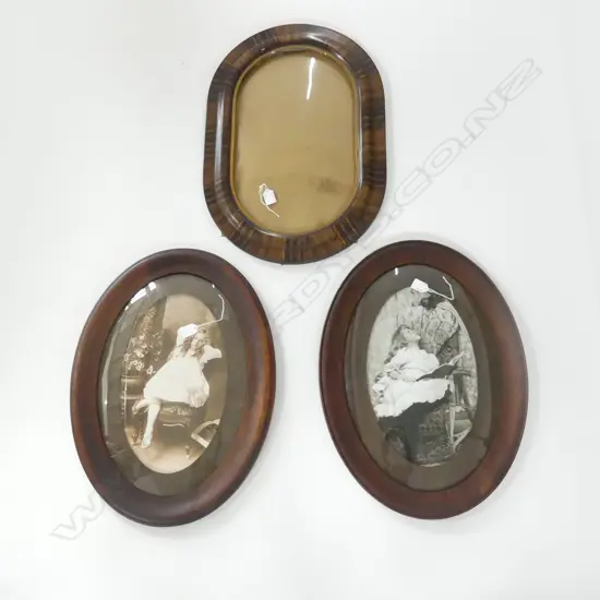 3 VICTORIAN OVAL PICTURE FRAMES, 2 OAK w B/W PICS YOUNG GIRLS, 1 TIGERWOOD