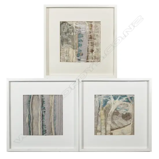 3 ROSEMARY RAFFERTY (UK) FRAMED TEXTILE ARTWORKS 525x525mm overall size