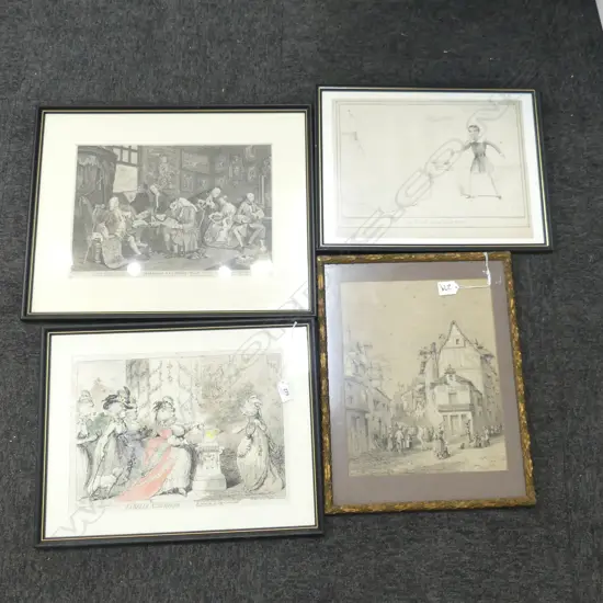 4 ARTWORKS; 19thC ROUEN CHALK DRAWING 330x265mm, 3 CARICATURE PRINTS
