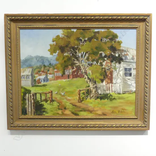 KAY WALSH, LANDSCAPE w. TREE & CHICKENS, OIL ON BOARD 440x580mm