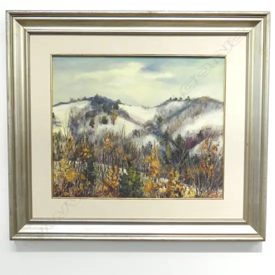 SNOWY LANDSCAPE, OIL ON BOARD, SIGNED 1972 475x575mm