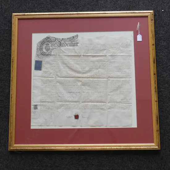 LGE FRAMED 1759 HAND WRITTEN INK INDENTURE 'Robert Healey of Scotland...' 480 x 510mm gilt framed under glass