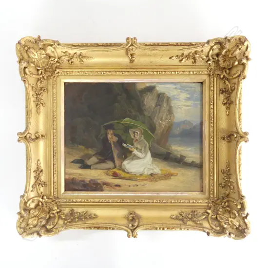 19thC ENGLISH SCHOOL, COUPLE ON BEACH, OIL ON BOARD 195x250mm