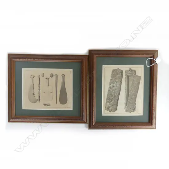 2 X 18thC  ENGRAVINGS from Cook's Voyages of Maori artefacts framed 360 x 300mm