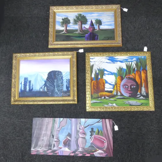 4 MICHAEL DOWNEY ARTWORKS; 'ROUND THE MERRY GO' (CANVAS) & 'THE WISHING WELL' ACRYLIC ON BOARD 250x480mm...