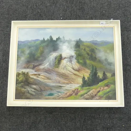RIX CARLTON oil on board signed 1960 'ORAKEI KORAKO CASCADE GEYSER' (Hidden Valley) entitled & signed verso 440 x 595mm