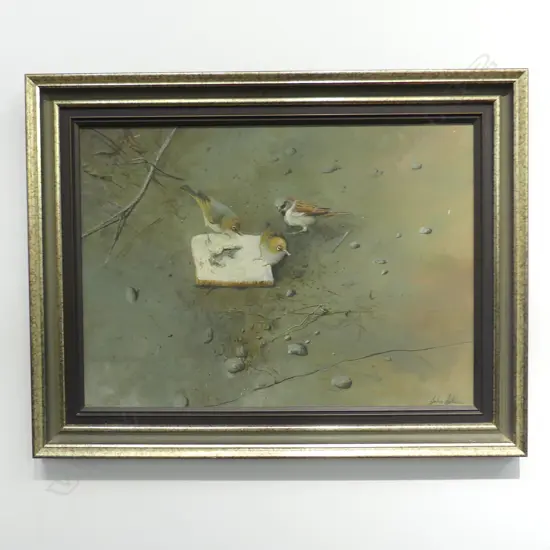 JOHN HOLMES 'THE PECKING ORDER' OIL ON BOARD 1984 390x540mm