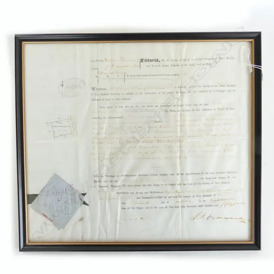 1854 NEW ZEALAND FENCIBLE GRANT to Willian Dougherty in the Pakuranga Howick area. Signed by Robert Wynyard. 355 x 395mm