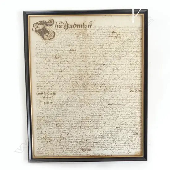 1677 INDENTURE DEED. HAND WRIITEN IN INK. FRAMED UNDER GLASS. 415 X 339mm.