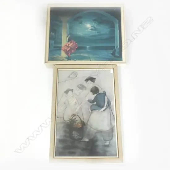 2 1970s FRAMED PRINTS, 'DANCER' H.60 x 640mm, 'MOTHER & CHILDREN' H.800 x 530mm