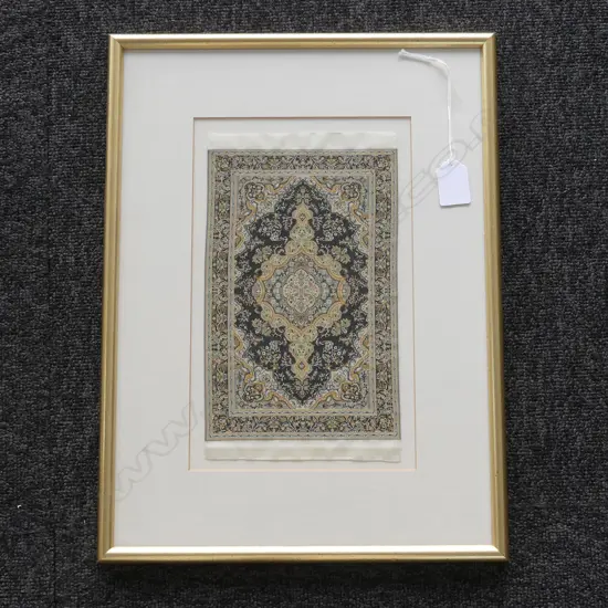 FINELY EMBROIDED MINIATURE SILK RUG 230 x 150mm FRAMED UNDER GLASS