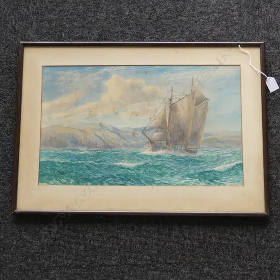RIX CARLTON schooner off the coast watercolour  Signed 290 x 480mm framed foxing mainly on glass