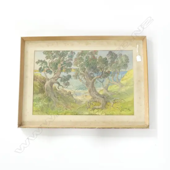 RIX CARLTON WATERCOLOUR COASTAL SCENE THROUGH POHUTAKAWAS signed 380 x 580mm