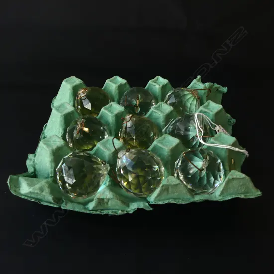 NINE VINTAGE FACET CUT CRYSTAL BALLS WITH HANGERS, D.40MM