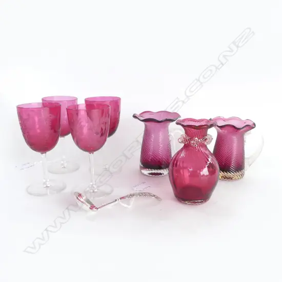 4 LATE VICTORIAN CRANBERRY STEMMED GLASSES, 3 PCS VINTAGE PILGRIM GLASS & DANISH 830 SILVER LADLE by BRODRENE MYLIUS