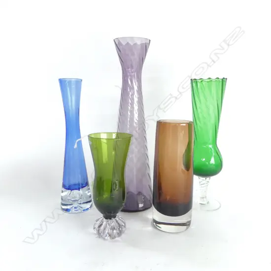 5 COLOURED GLASS RETRO VASES VARIOUS HEIGHTS 320-160MM