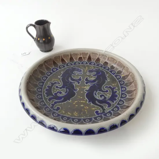 2 PC, GERMAN WESTERWALD STONEWARE PLATE (damage under rim) & SM BUCHAN SCOTTISH STONEWARE JUG 