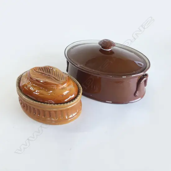 2 VINTAGE FRENCH LIDDED CASSEROLES; PILLIVUYT & SARREGUEMINES W.280mm