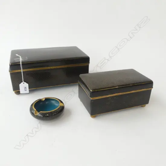 2 BLACK CLOISONNE BOXES, W.235 & 165mm + ASHTRAY 80mm dia