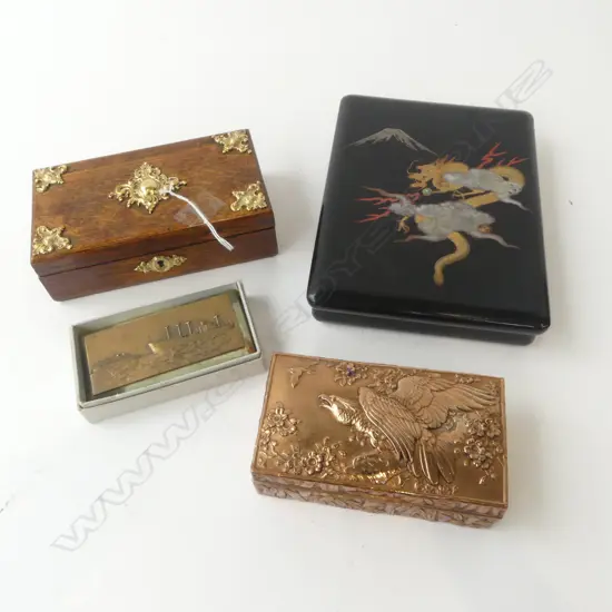 3 BOXES; 2 JAPANESE, OAK w. ORMOLU MOUNTS W.180mm + ROYAL ROTTERDAM LINE COMMEMORATIVE PLAQUE W.120mm