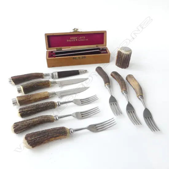 PART CUTLERY SET; ANTLER HANDLES; 6 FORKS, 3 KNIVES, SALT + ERNST LEITZ 2 PAPER CUTTING KNIVES L.170mm NO HANDLES, BOXED