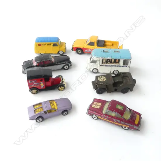 8 VINTAGE CORGI DIE CAST TOYS – CARS, JEEP, BEDFORD ETC