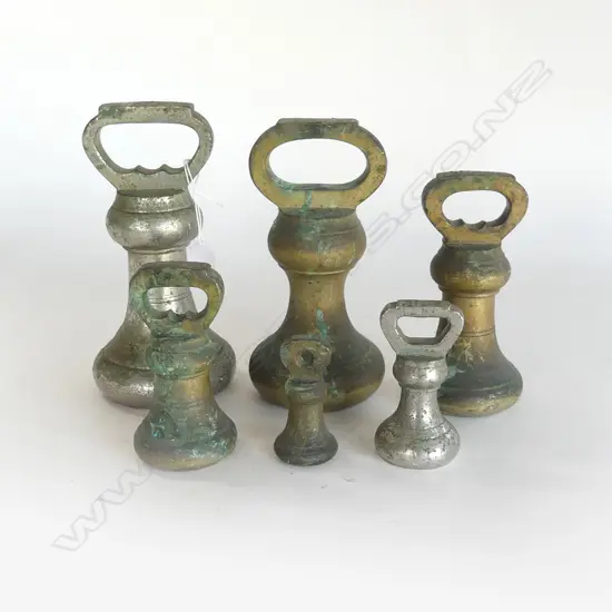 SET OF 6 GRADUATED BRASS BELL SHOP WEIGHTS H180MM TALLEST
