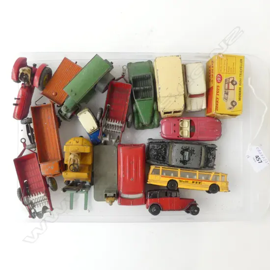 16 VINTAGE DINKY DIE CAST TOYS - CARS, BUS, TRACTOR, STEAMROLLER ETC