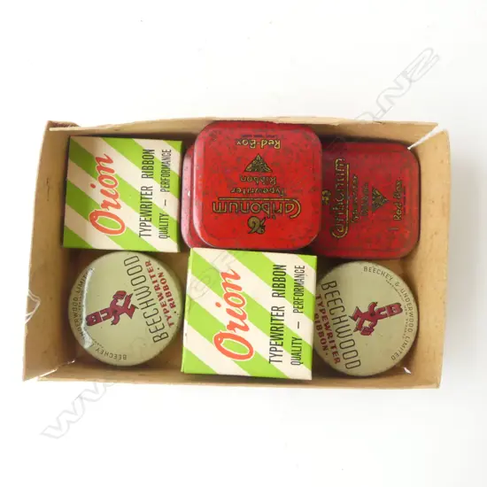 BEECHWOOD BOX OF 8 VINTAGE TYPEWRITER RIBBON UNUSED IN TINS/BOXES