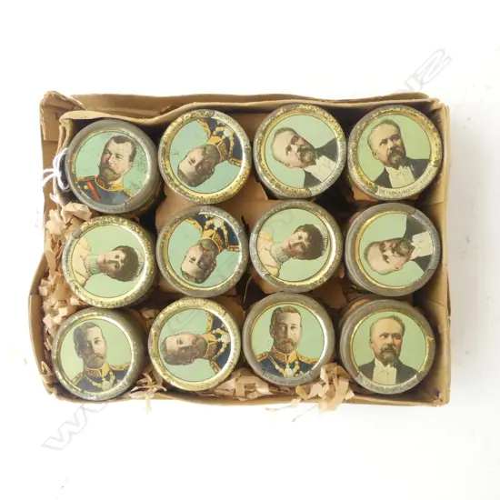 36 EARLY 1900s PASTILLES TINS ENGLISH/EUROPEAN ROYALTY IN ORIGINAL BOX & PACKAGING