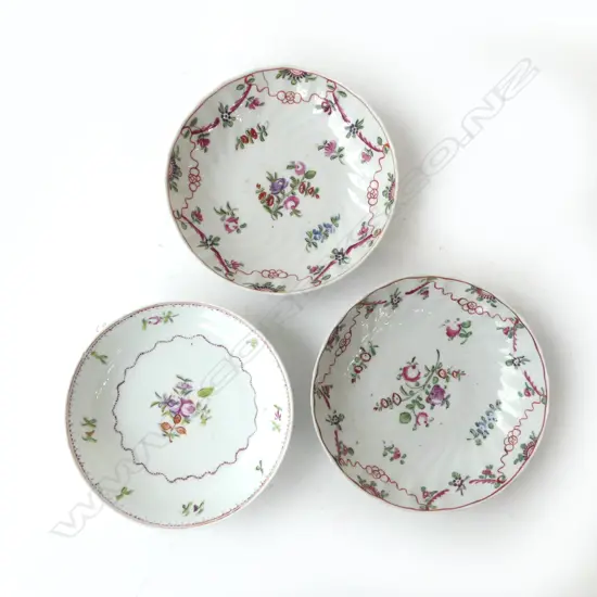 3 18thC SAUCERS, 1 REPAIRED 140mm dia