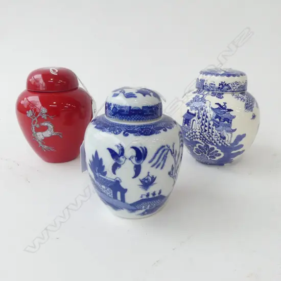 3 LIDDED GINGER JARS 1 IS MASONS H140MM