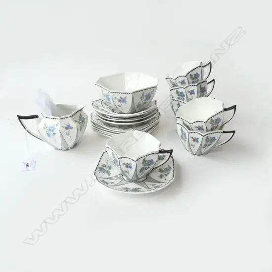 PART SHELLEY TEA SET; 6 CUPS, 8 SAUCERS (+2 AF), JUG & BOWL some dull sounding pieces