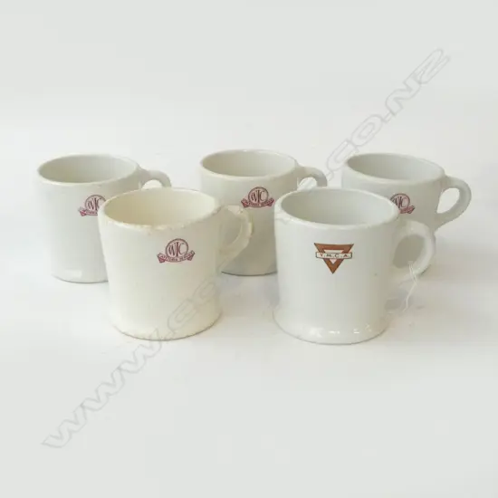 5 VINTAGE MUGS; 4xWIC CAFETERIA SERVICE, 1 YMCA H.90mm