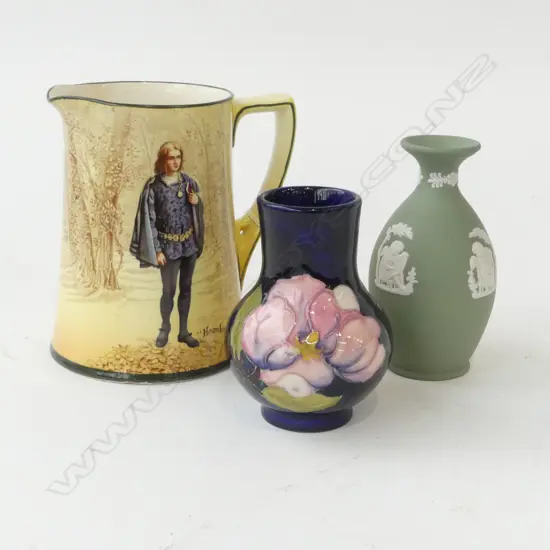 3 PCES CHINA; MOORCROFT, WEDGWOOD VASES, R. DOULTON HAMLET JUG H.145mm