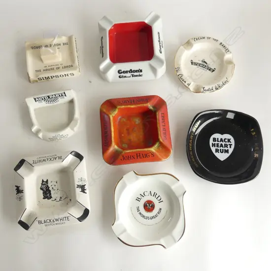 8 VINTAGE ASHTRAYS w. ADVERTISTING