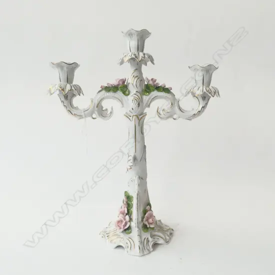 GERMAN PORCLAIN 3 BRANCH FLORAL CANDLABRA H370 W290MM