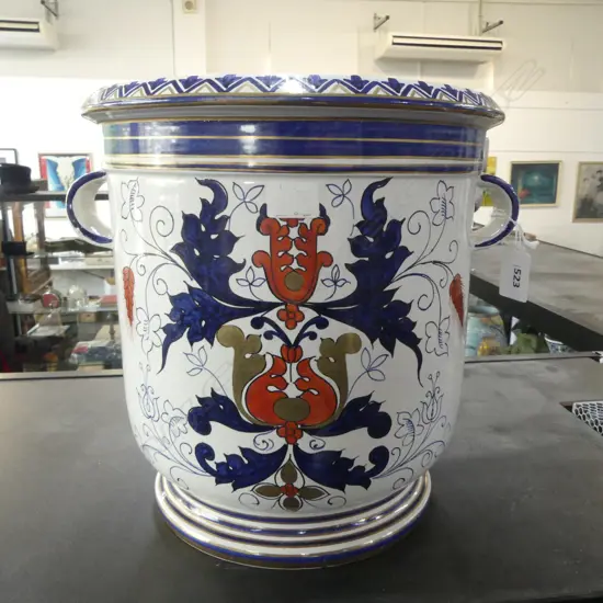LARGE ITALIAN MAJOLICA JARDINEER IMARI PAT H270 DIA260MM