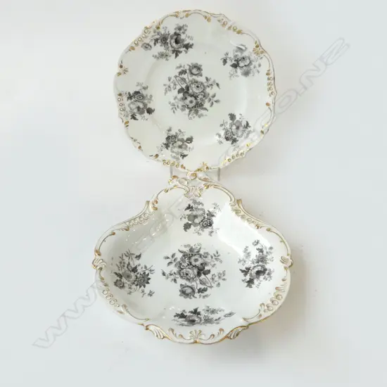 ANTIQUE COALPORT MONOTONE GREY SERVING DISH DIA 250MM & MATCHING PLATE  DIA 220MM